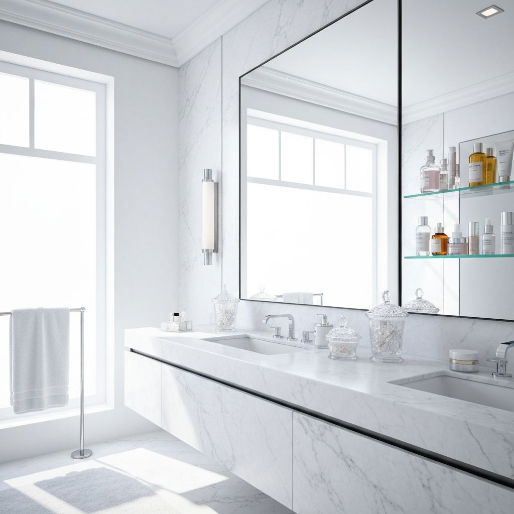 Luksusowa łazienka z lustrem i produktami kosmetykami WopGlace