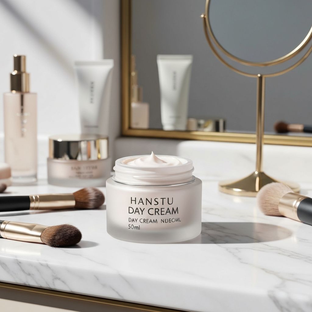 Luksusowy krem na dzień w szklanym słoiczku z akcesoriami kosmetycznymi